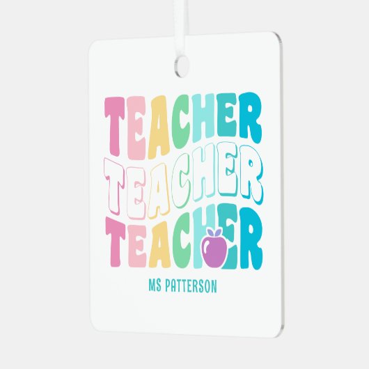 先生モダンレインボー色の名パーソナライズされた前 メタルオーナメント (正面左)