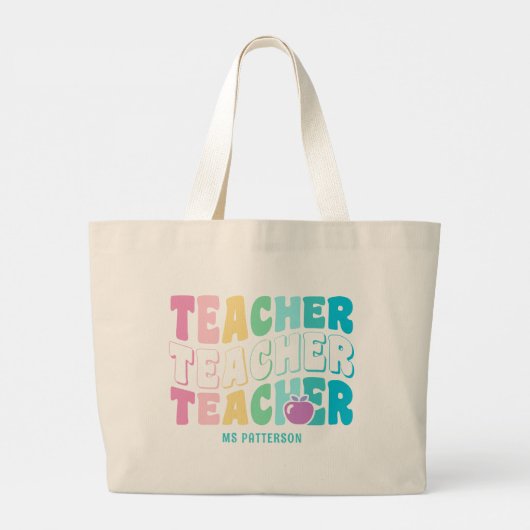 先生モダンレインボー色の名パーソナライズされた前 ラージトートバッグ (裏面)