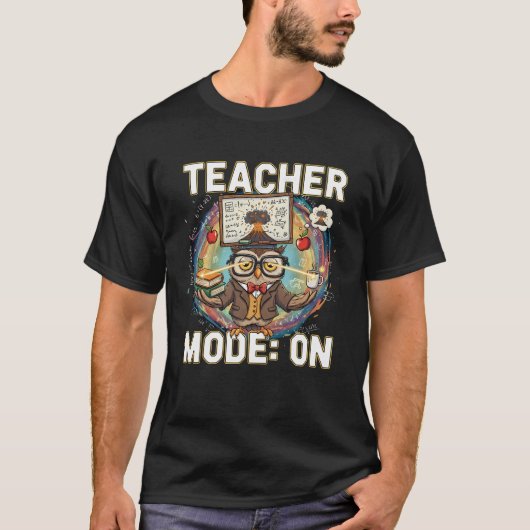 先生モード：オン - 面白いフクロウの先生デザイン Tシャツ (正面)