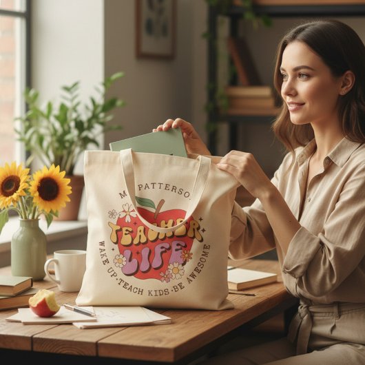 先生ライフ教えウェイクパーソナライズされたスクール名 トートバッグ