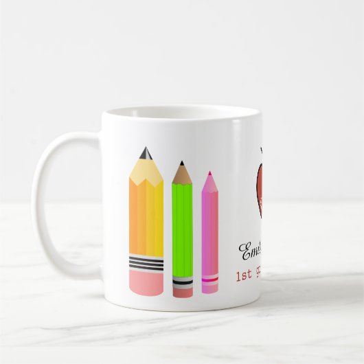 先生リンゴパーソナライズされた及び鉛筆名前をカスタムする コーヒーマグカップ (左)