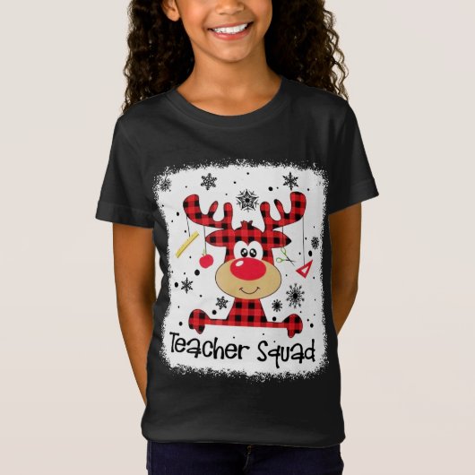 先生分隊かわいい赤い格子縞トナカイ雪の恋人C Tシャツ (正面)