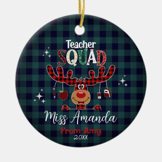 先生分隊クリスマスブルー赤いバッパロのプレイド セラミックオーナメント (正面)