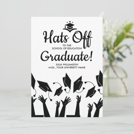 先生卒業帽子オフの卒業写真パーティー 招待状 (スタンド正面)