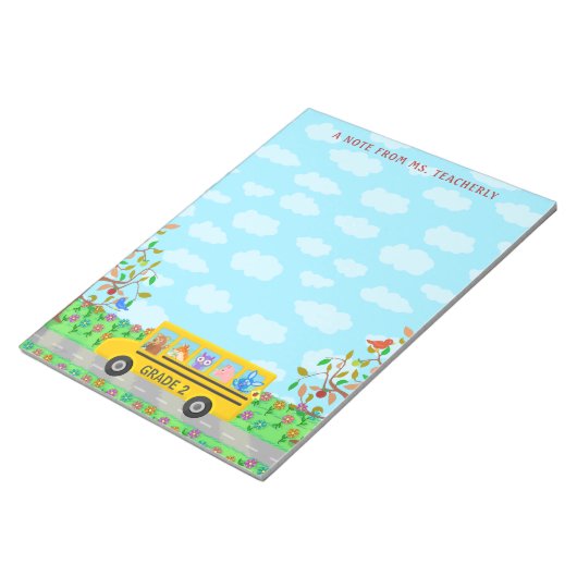 先生名教室かわいい動物たちスクールバス ノートパッド (アングル)