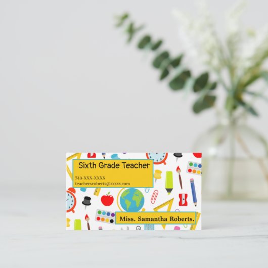 先生学校用品パターン 名刺 (スタンド正面)