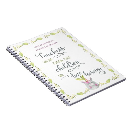 先生引用文キュートユニコーンプラントポット パーソナライズされた ノートブック (右側)