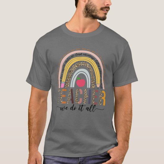 先生我々は全てのヒョウおもしろいボホレインボー Tシャツ (正面)