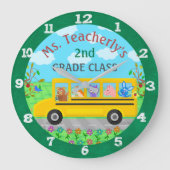 先生教室かわいい動物とバス名前をカスタムする ラージ壁時計 (正面)