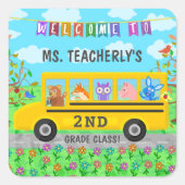 先生教室へようこそ |かわいい動物たちがバスに スクエアシール (正面)