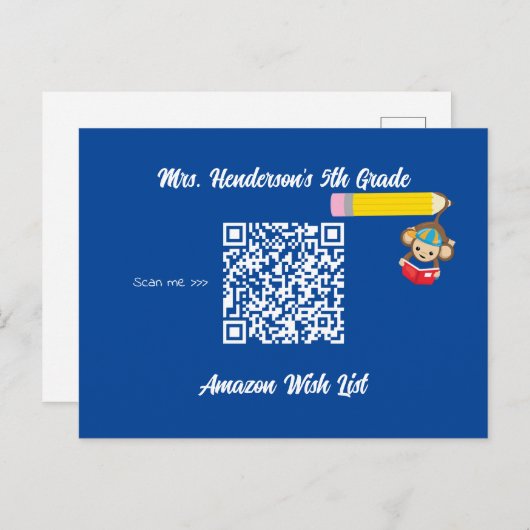 先生教室ウィッシュリストQRコードモンキー ポストカード (正面/裏面)