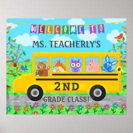 先生教室ウェルカムサインかわいい動物をバスに ポスター