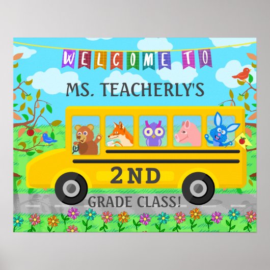 先生教室ウェルカムサインかわいい動物をバスに ポスター (正面)