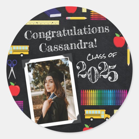 先生教育カルクボード卒業ポートレート ラウンドシール (正面)