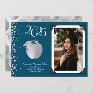 先生教育シルバー卒業ネイビーブルー 招待状