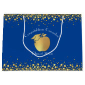 先生教育卒業ブルー金ゴールド ラージペーパーバッグ (正面)