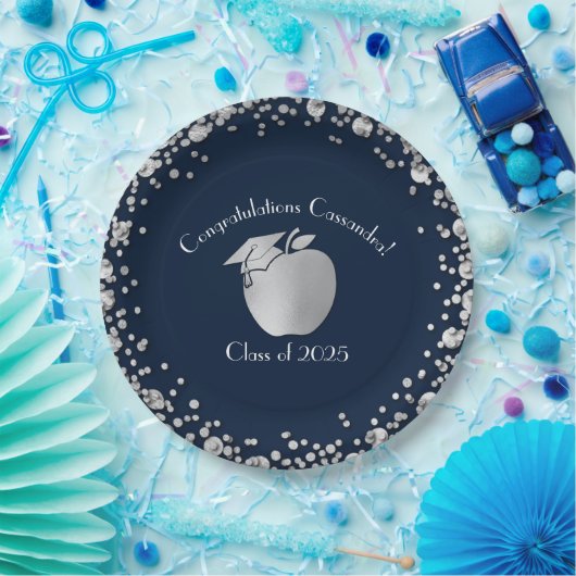 先生教育卒業式ネイビーブルーシルバー ペーパープレート (パーティー)