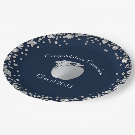 先生教育卒業式ネイビーブルーシルバー ペーパープレート (アングル)
