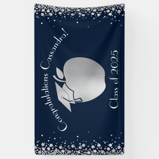 先生教育卒業式ネイビーブルーシルバー 横断幕 (縦)