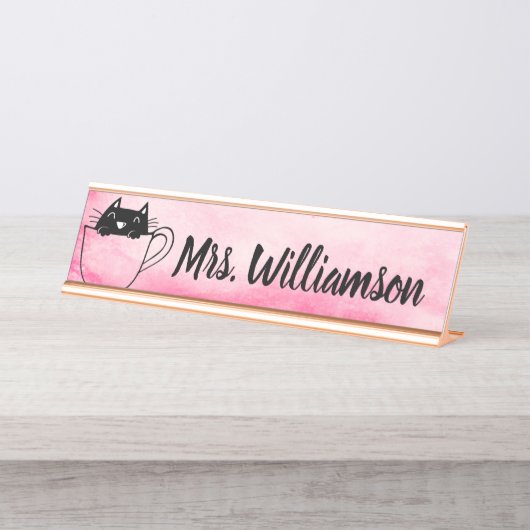 先生教育者ピンクブラックキャットキッテンデスク名 デスクネームプレート (正面)