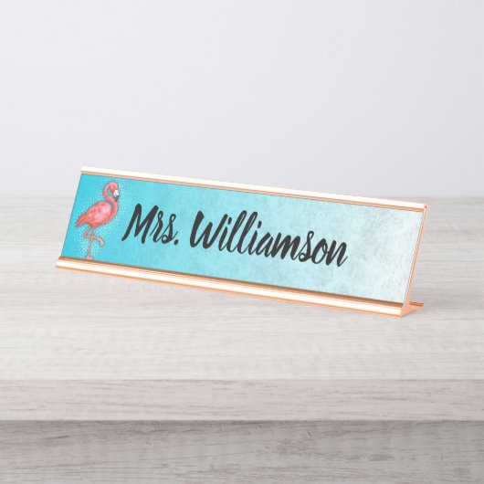 先生教育者プロフェッショナルピンクフラミンゴブルー デスクネームプレート (正面)