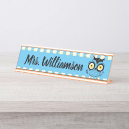 先生教育者図書館プロフェッショナルフクロウブルー デスクネームプレート