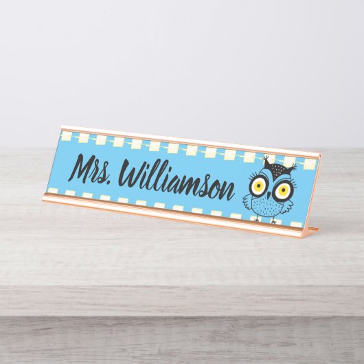 先生教育者図書館プロフェッショナルフクロウブルー デスクネームプレート (正面)