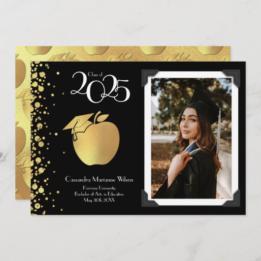 先生教育金ゴールド卒業ブラック 招待状 (正面/裏面)