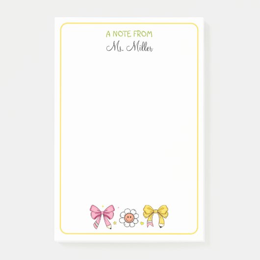 先生新学期かわいいボウペンシルピンクの名前 ポストイット (正面)