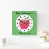 先生水彩アップルパーソナライズされたグリーンクラス スクエア壁時計 (ホーム)