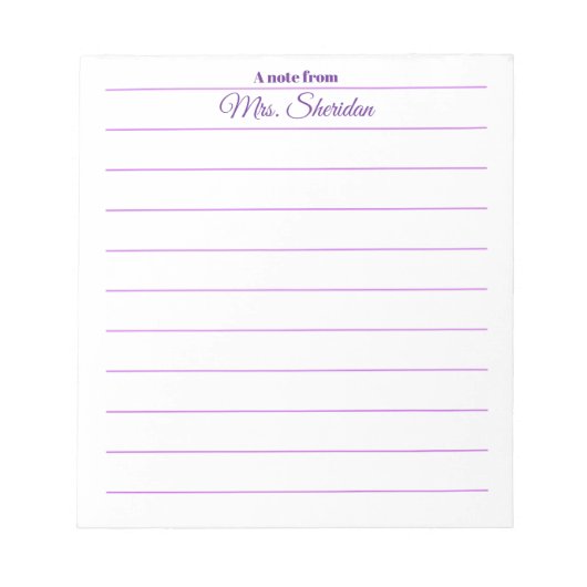 先生用メモ帳 紫色罫線入り紙 "A note from" ノートパッド (正面)