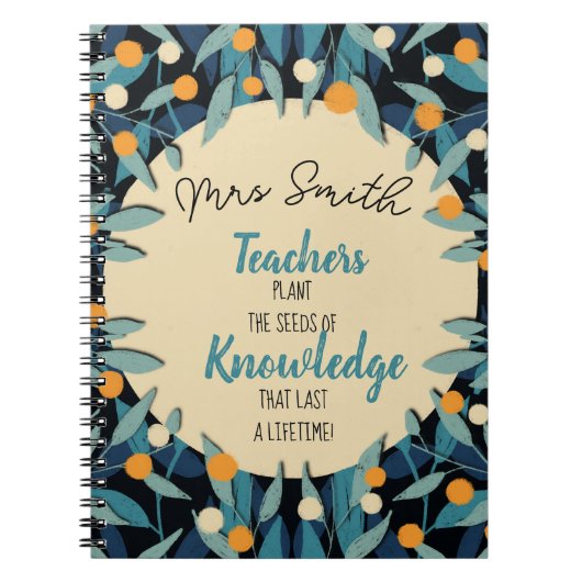 先生葉ティール(緑がかった色)植物種子引用文感謝していユー ノートブック (正面)