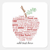 先生赤いApple word cloudありがとうごちそうさま スクエアシール (正面)