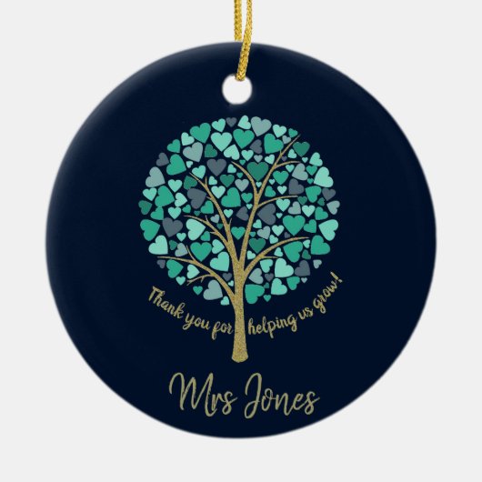 先生鑑賞ギフト金ゴールドグリッターハートツリー セラミックオーナメント (正面)