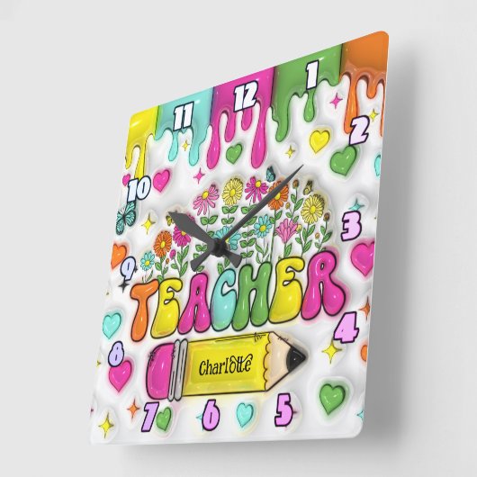 先生: カラフル、フローラ、インスパイアデザイン スクエア壁時計 (傾斜)