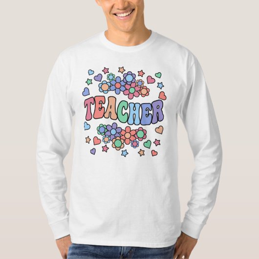 先生-レトロGroovy、花、ハート、星 Tシャツ (正面)