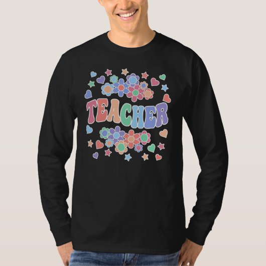 先生-レトロGroovy、花、ハート、星 Tシャツ (正面)