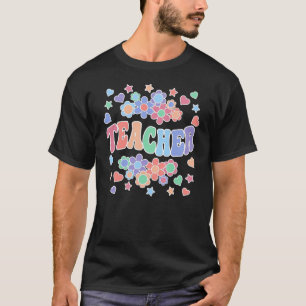 先生-レトロGroovy、花、ハート、星 Tシャツ