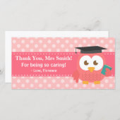 先生、先生のフクロウ、ピンクの水玉模様ありがとう サンキューカード (正面/裏面)