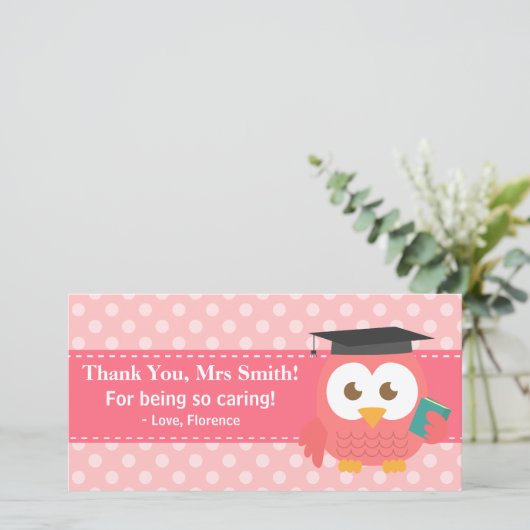先生、先生のフクロウ、ピンクの水玉模様ありがとう サンキューカード (スタンド正面)
