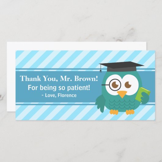 先生、先生のフクロウ、忍耐ありがとう サンキューカード (正面/裏面)