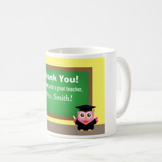 先生、卒業の告別、かわいいフクロウありがとう コーヒーマグカップ (正面右)