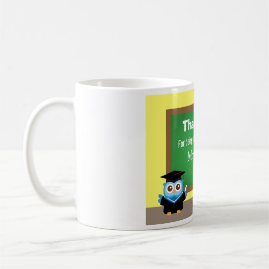 先生、卒業の告別、かわいいフクロウありがとう コーヒーマグカップ (左)