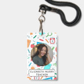 先生IDバッジ（学校用品の背景） バッジ (正面（ネックストラップ付）)