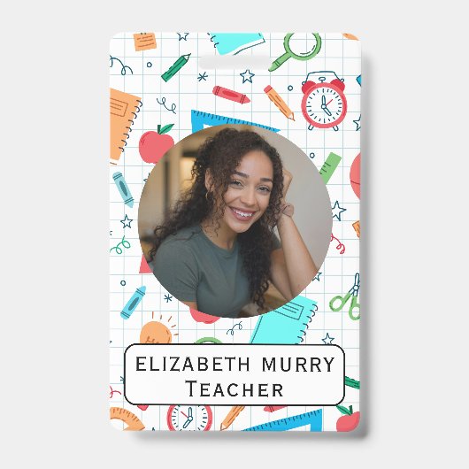 先生IDバッジ（学校用品の背景） バッジ (正面)