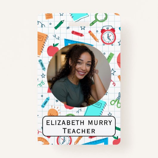 先生IDバッジ（学校用品の背景） バッジ (正面)