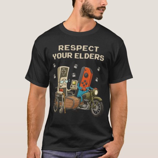 先輩ゲーマーに敬意を ギャング コントロール レトロ おもしろ Tシャツ (正面)