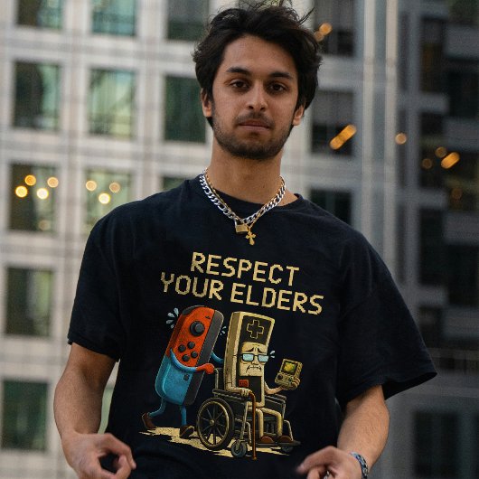 先輩ゲーマーへの敬意 レトロ風ゲームコントローラー 冗談グッズ Tシャツ