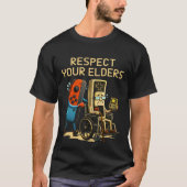 先輩ゲーマーへの敬意 レトロ風ゲームコントローラー 冗談グッズ Tシャツ (正面)