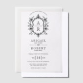 先頭へ戻る、白いヴィンテージフローラクレストモノグラム結婚の ベラム紙招待状 (オフセット)